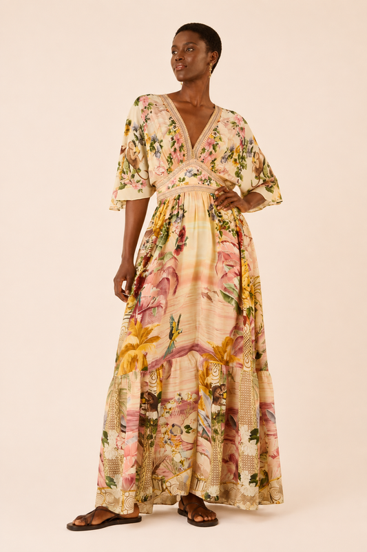 Camilla White Lotus Crystal-Embellished Silk/Satin Maxi Dress