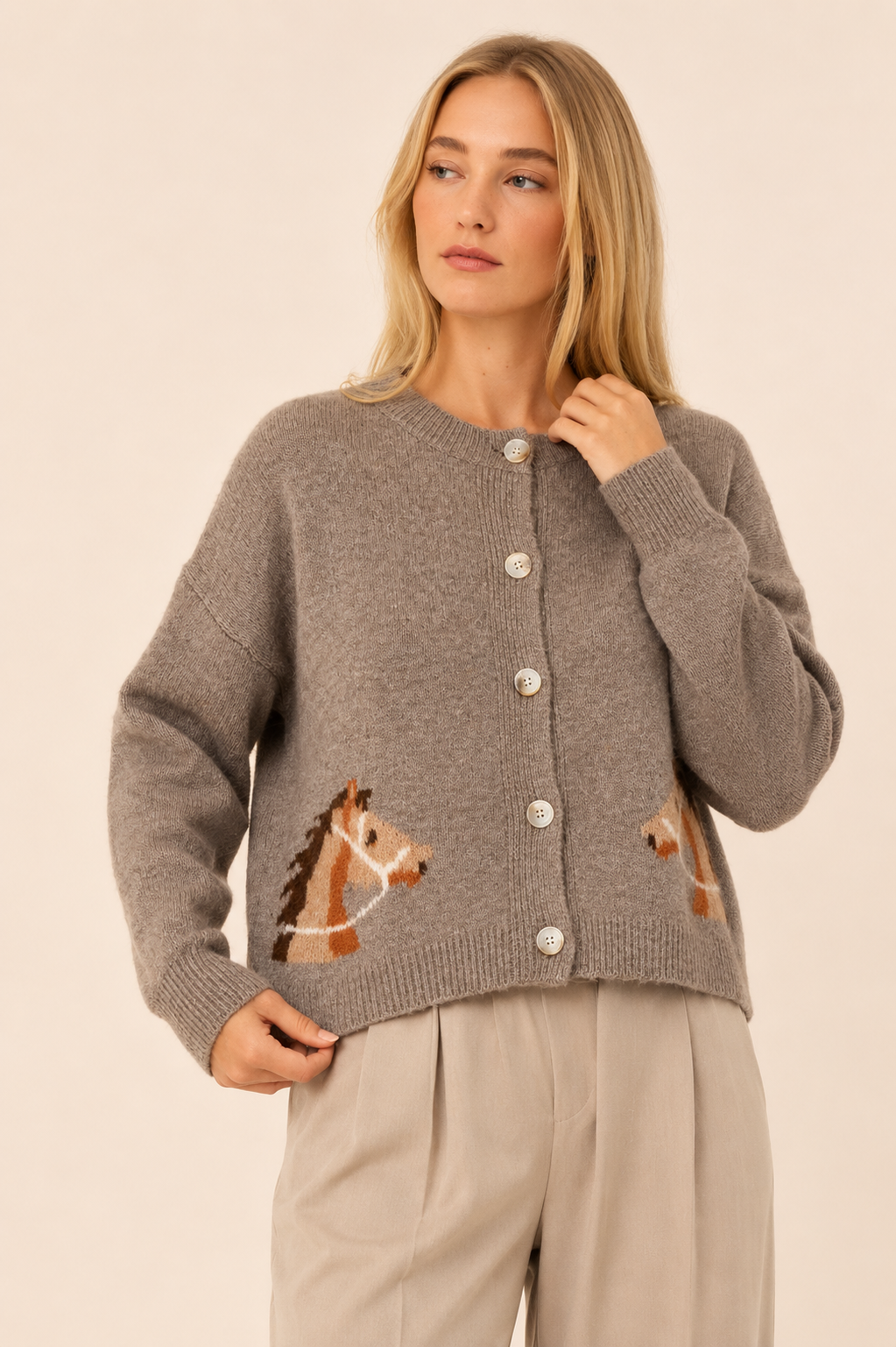 Urban Daizy Western Horse Graphic Ribbed Trim Crew Neck Cardigan