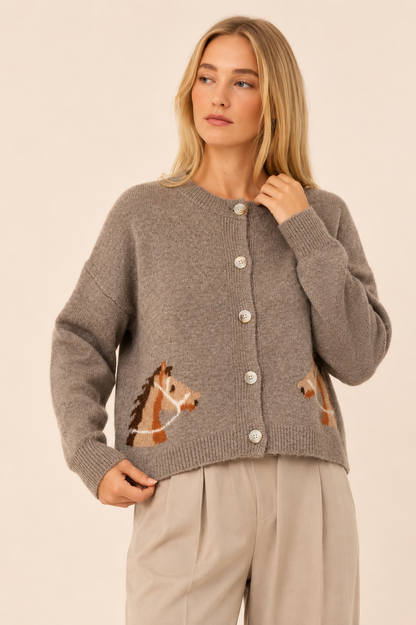 Urban Daizy Western Horse Graphic Ribbed Trim Crew Neck Cardigan