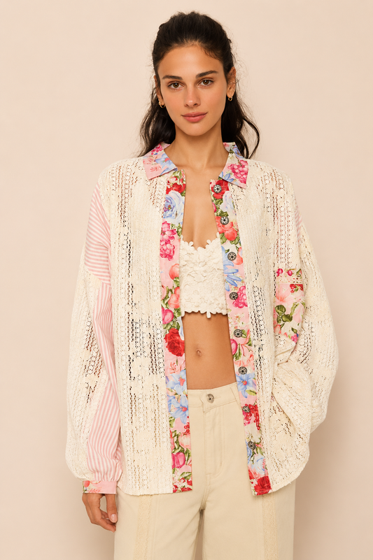 POL Clothing Pink Multi Lace Button Front Top