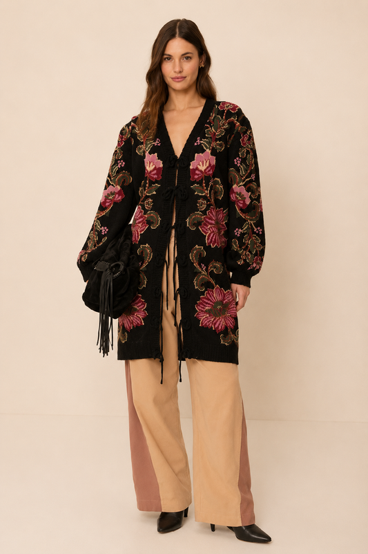 Farm Rio Black Ravenala Knit Midi Cardigan