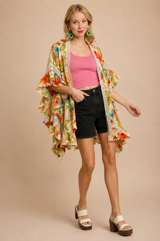 Umgee Satin Floral Print Kimono with Lace Trim, Front Tie, & 3/4 Bell Sleeves