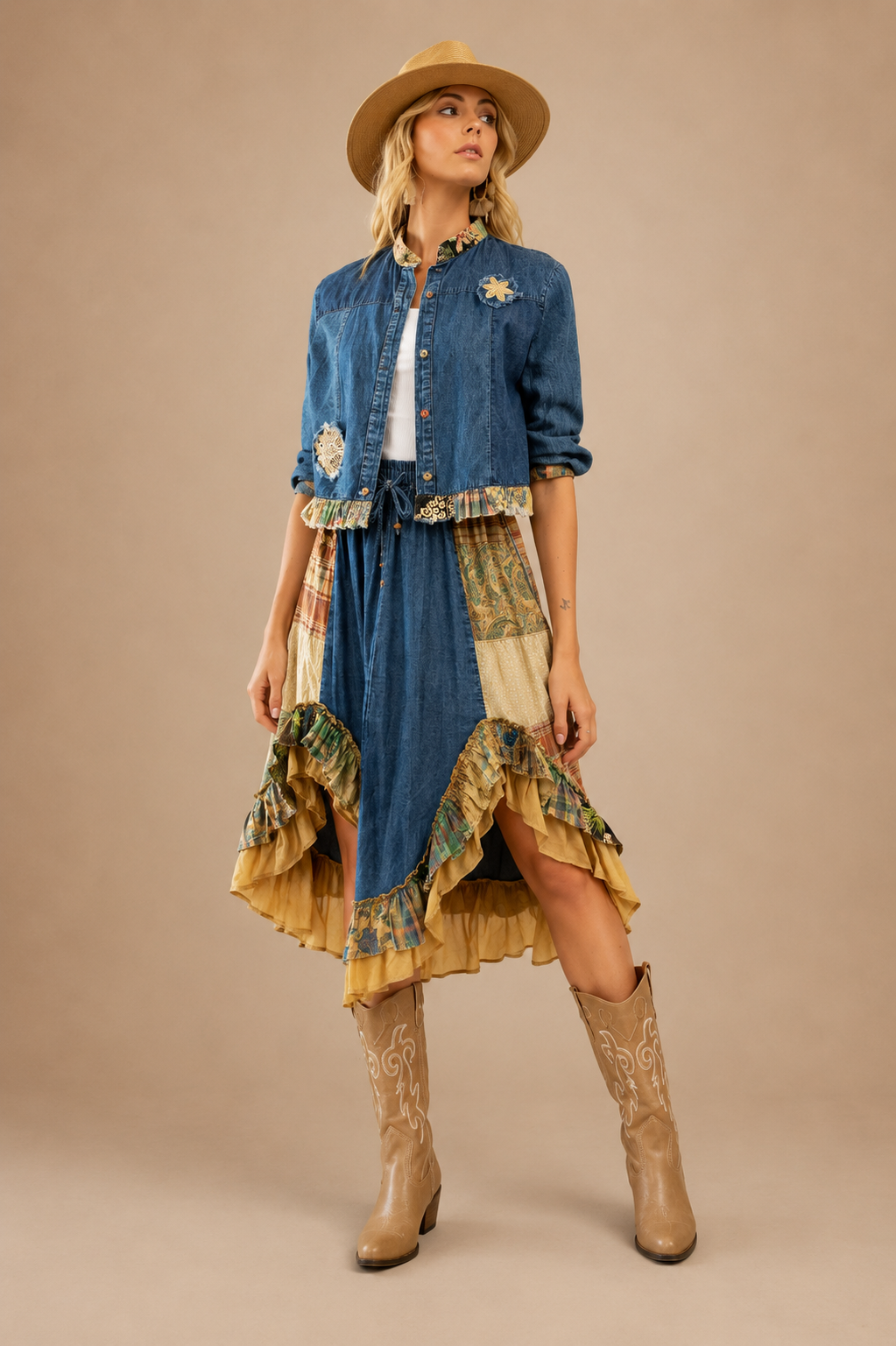 Young Threads Western Boho Chic: Patchwork Cropped Denim Jacket