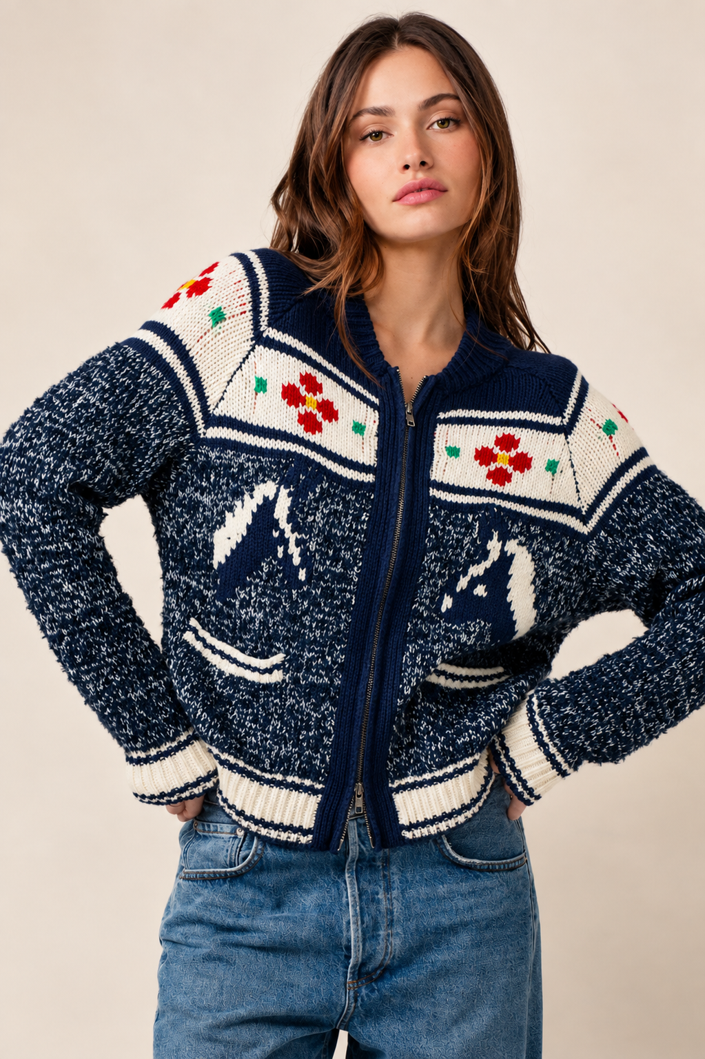 Urban Daizy Floral Yoke Zip-Up Knit Cardigan