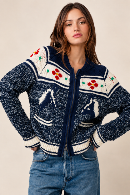 Urban Daizy Floral Yoke Zip-Up Knit Cardigan