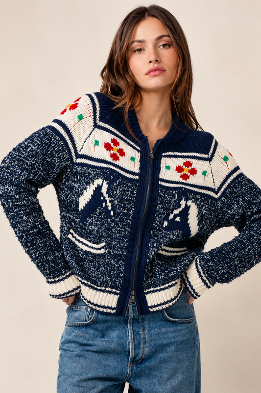 Urban Daizy Floral Yoke Zip-Up Knit Cardigan