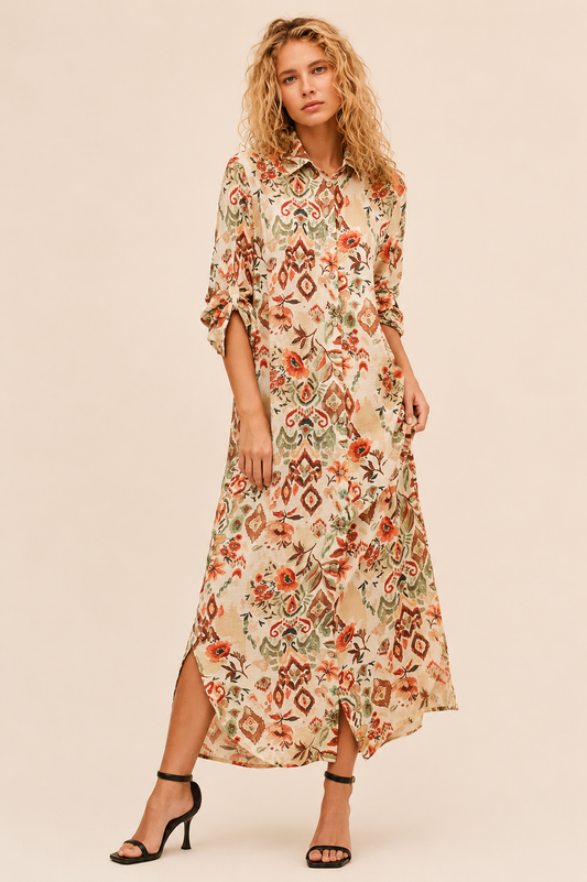 Urban Daizy Boho Floral Button-Down Midi Dress