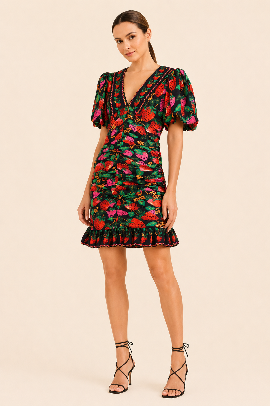 FARM Rio Lady Strawberry Puff-Sleeve Mini Dress