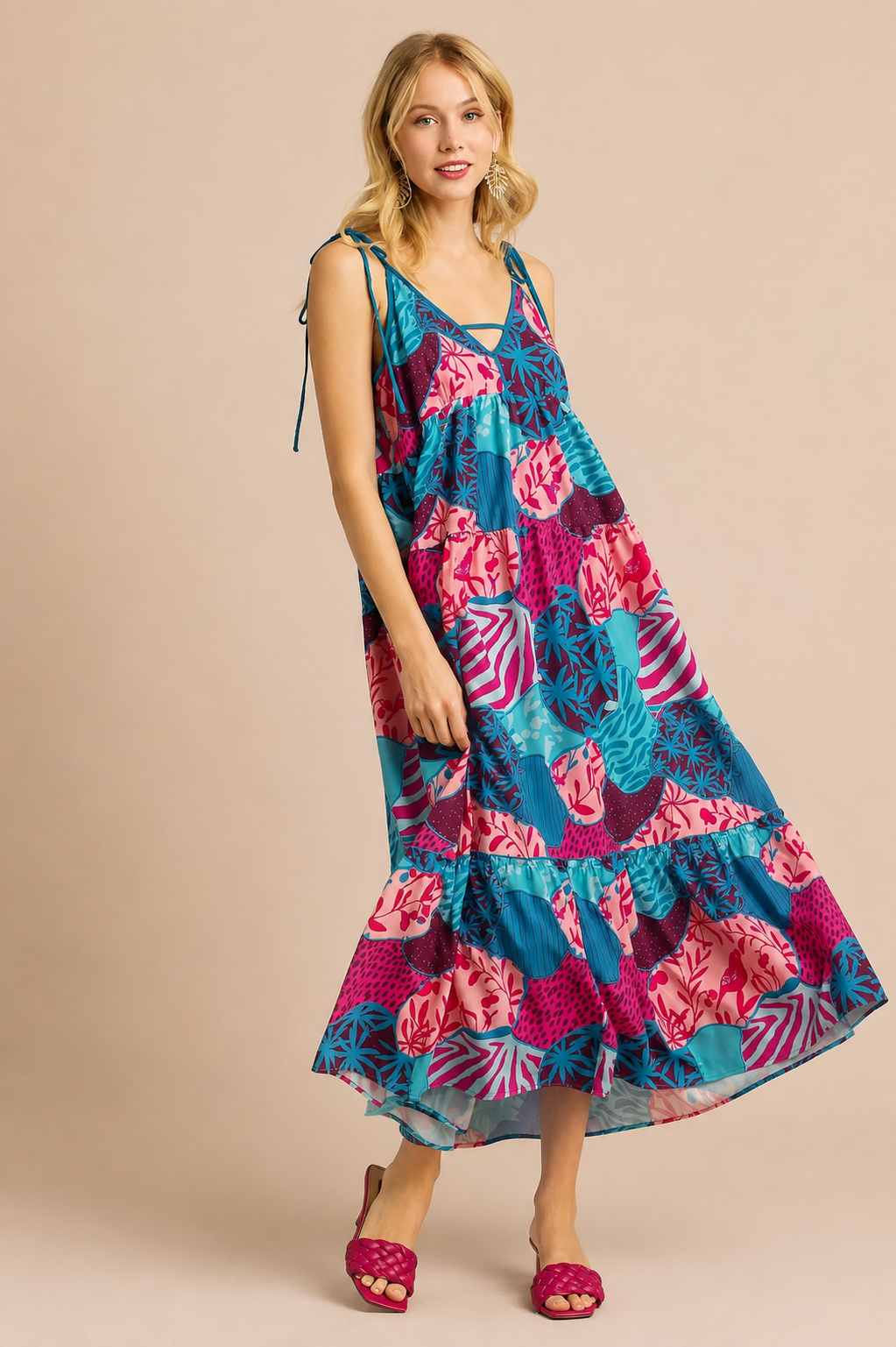 Umgee Teal & Fuschia Mixed Print Spaghetti Tie Strap Dress