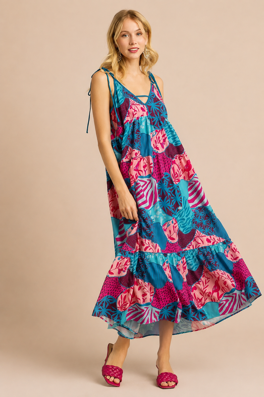 Umgee Teal & Fuschia Mixed Print Spaghetti Tie Strap Dress