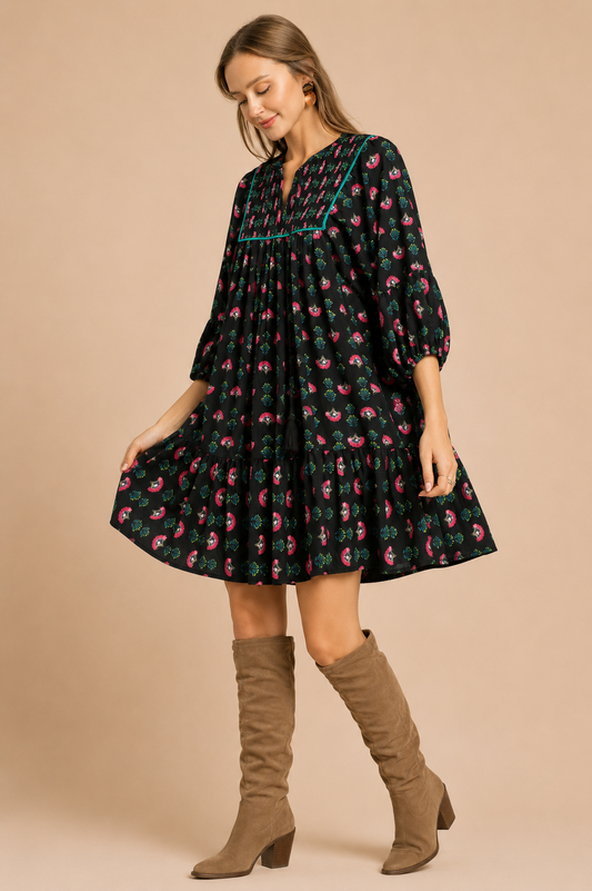 Umgee Floral Boho Mini Dress with Pink Accents