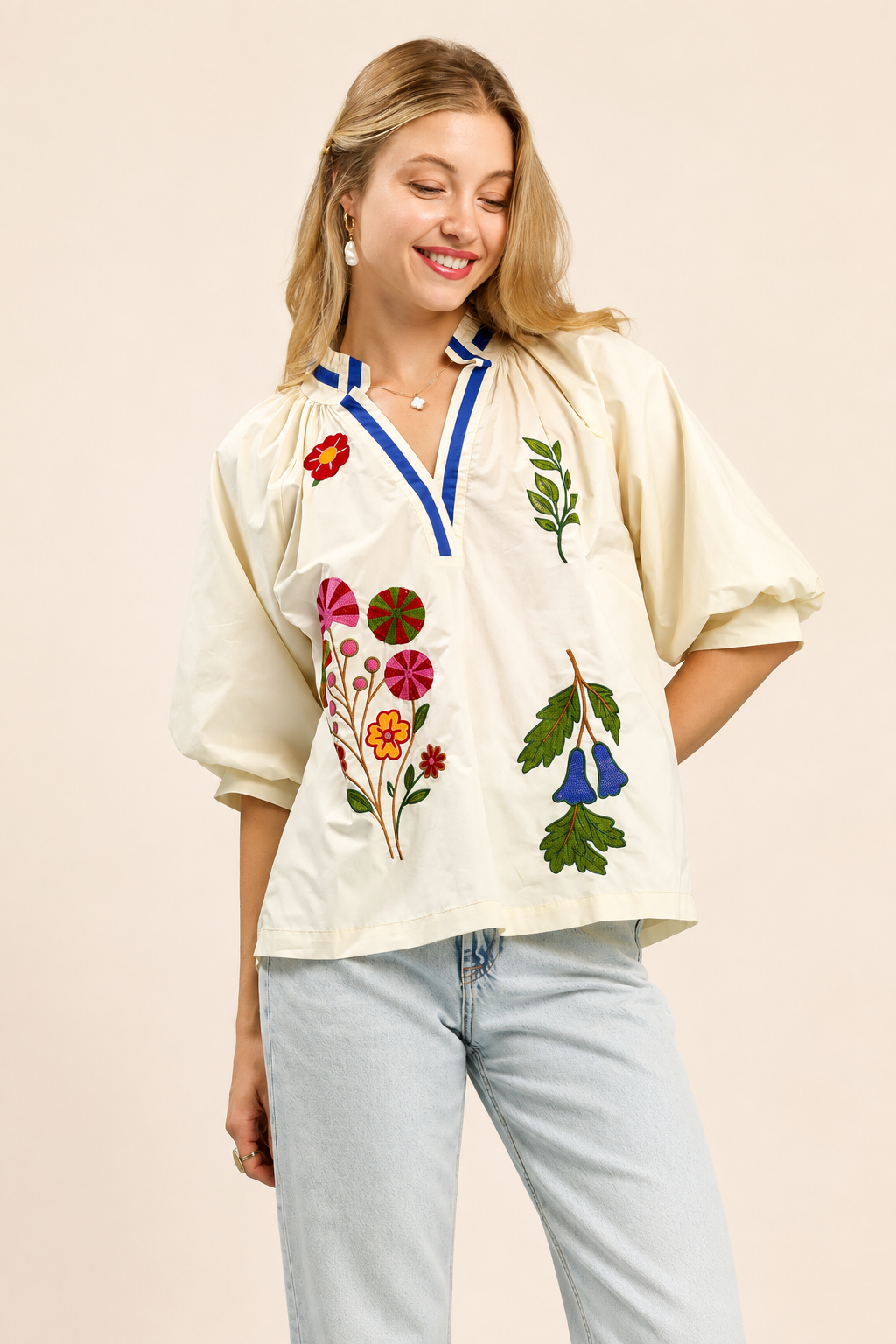 Umgee Ecru Embroidered Floral V-Neck Blouse