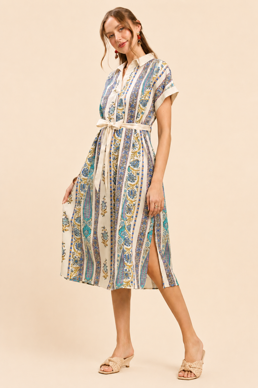 Umgee Vertical Print Tie Waist Midi Dress