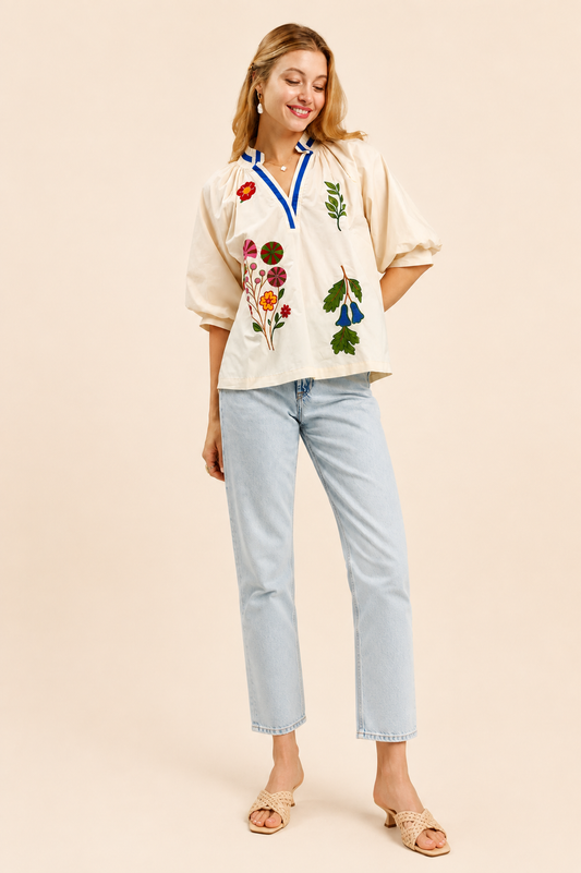 Umgee Ecru Embroidered Floral V-Neck Blouse