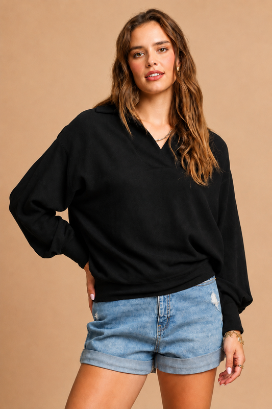 Umgee Black Linen Pullover Blouse
