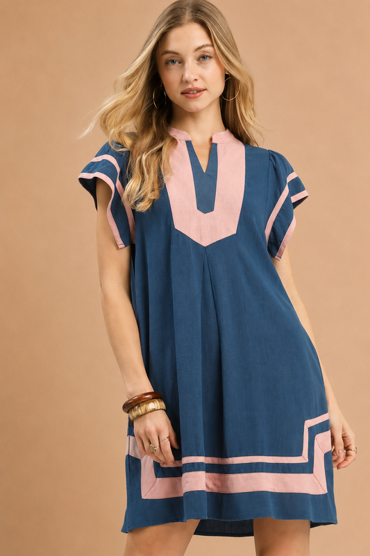 Umgee Linen Contrast Trim Short Sleeve Dress