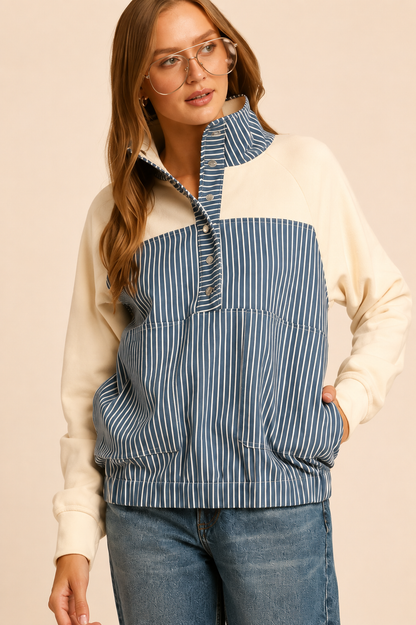Umgee Solid & Denim Contrast Pullover