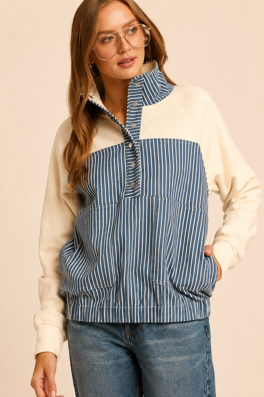 Umgee Solid & Denim Contrast Pullover