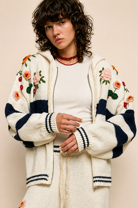 POL Clothing Striped Pattern 3D Embroidered Hoodie Zip-up Sweater