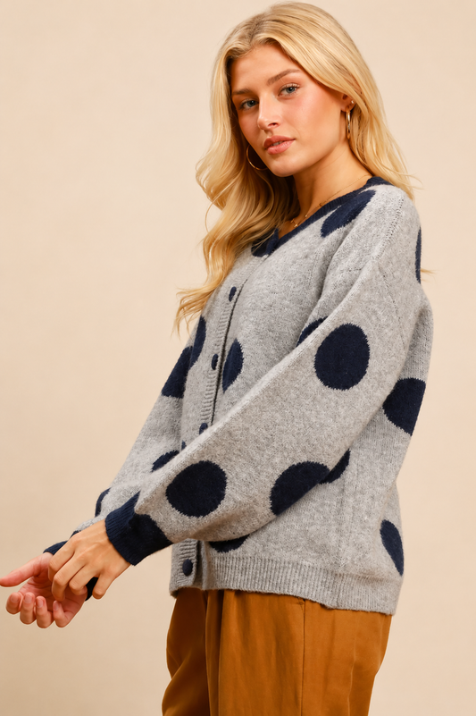 Umgee Polka Dot Button Down Knit Cardigan Sweater