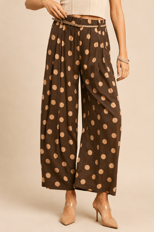 Umgee Chocolate Polka Dot Wide Leg Pull-On Pants