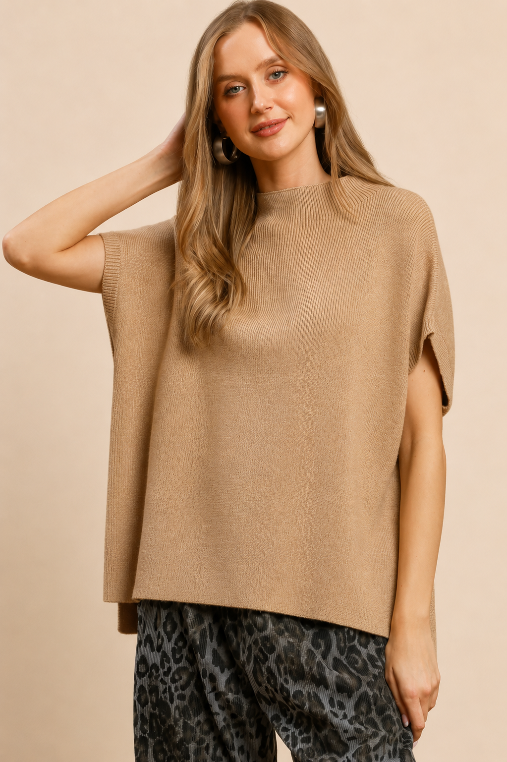 Umgee Latte Mock Neck Short Sleeve Sweater Top