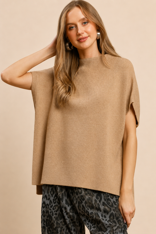 Umgee Latte Mock Neck Short Sleeve Sweater Top