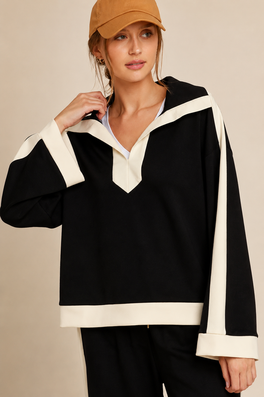 Umgee Black LUXEKNIT Contrast Collar Top