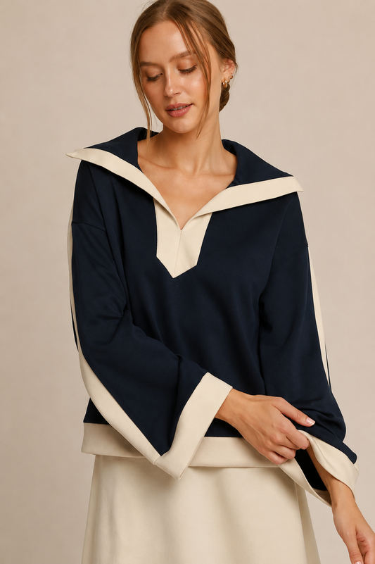 Umgee Midnight Blue LUXEKNIT Contrast Collar Top