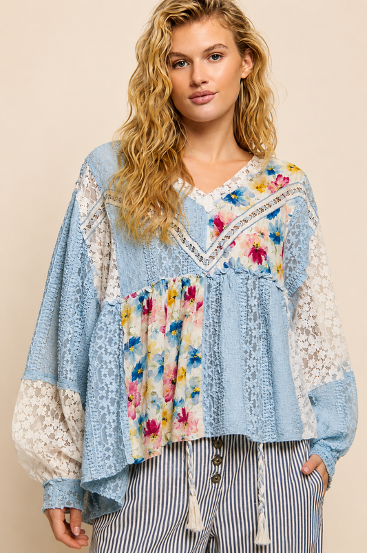 Pol Clothing Bohemian Lace Outseam Balloon Sleeve Top