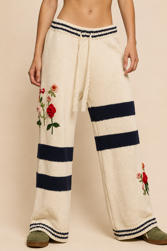 POL Clothing Striped Pattern 3D Embroidered Chenille Sweater Pants