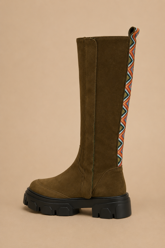 FARM RIO Embroidered Suede Tall Knee High Lug Sole Boot Green Suede