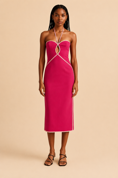 Farm Rio Hot Pink Contrast Detail Center Cutout Midi Dress