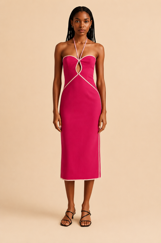 Farm Rio Hot Pink Contrast Detail Center Cutout Midi Dress