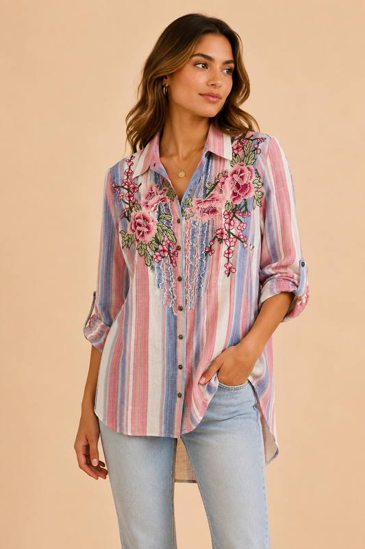 Aratta Floral Embroidered Striped Shirt
