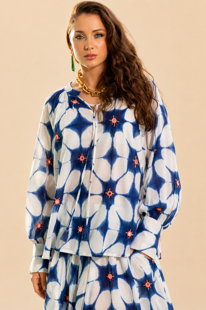 Gold & Silver Oversized Blue and White Top