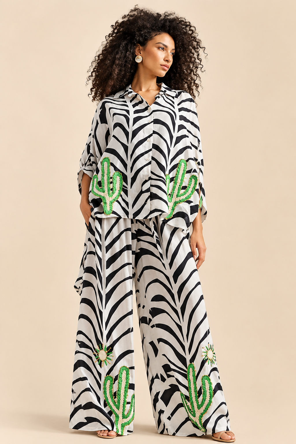 Gold & Silver Paris Zebra Pants with Cactus Details