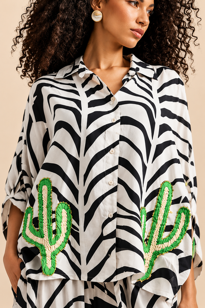 Gold & Silver Paris Zebra Oversized Top with Cactus Details