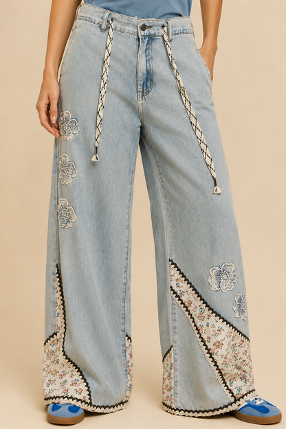 POL Clothing Floral Patches Embroidery Elastic Band Casual Pant