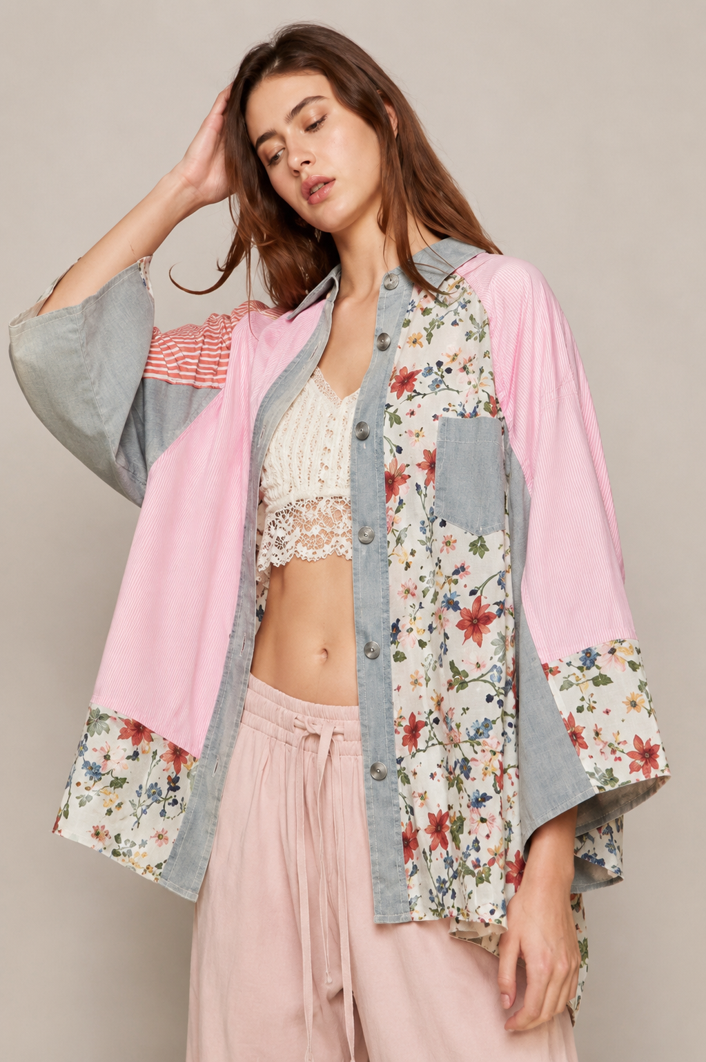 POL Clothing Patchwork Button Down Shirt Boho Floral Shirt