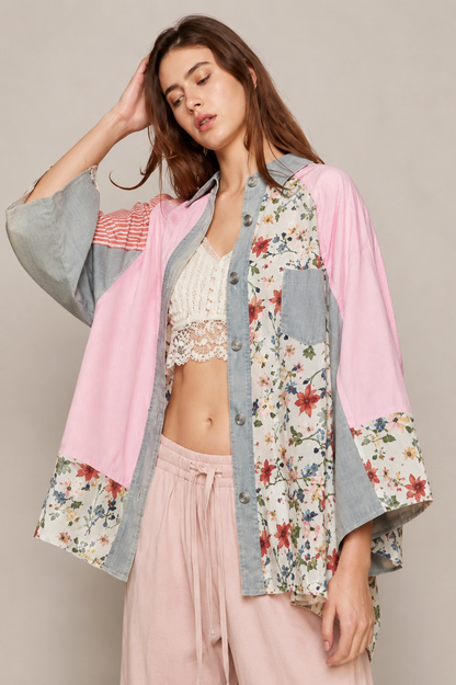 POL Clothing Patchwork Button Down Shirt Boho Floral Shirt
