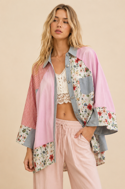 POL Clothing Patchwork Button Down Shirt Boho Floral Shirt