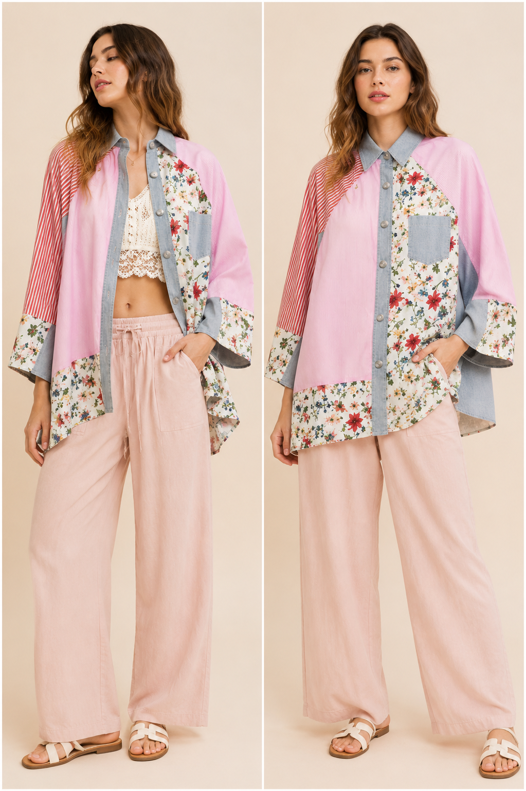 POL Clothing Patchwork Button Down Shirt Boho Floral Shirt