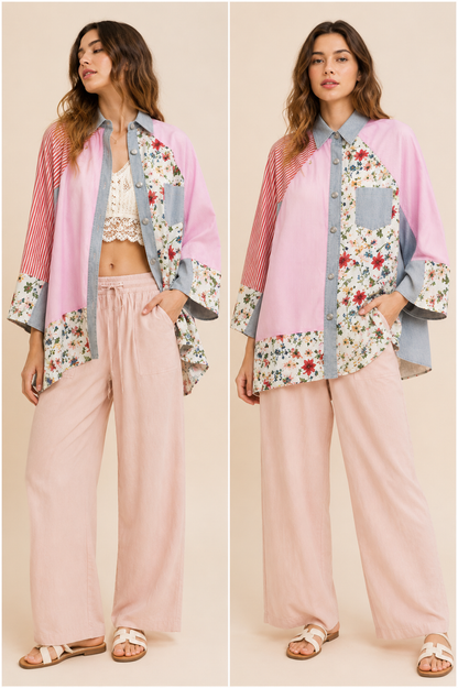 POL Clothing Patchwork Button Down Shirt Boho Floral Shirt