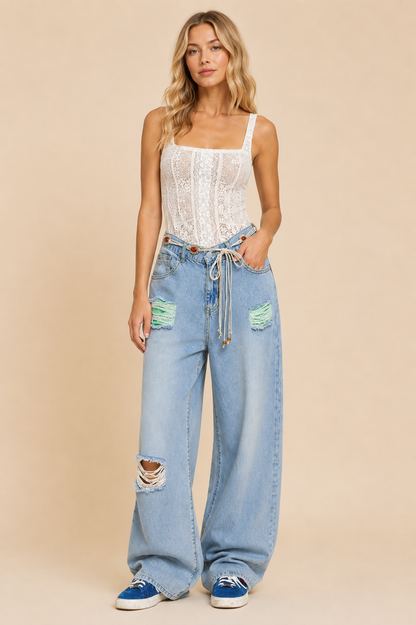 POL Clothing Wide Leg Soft Denim Jeans with Patching