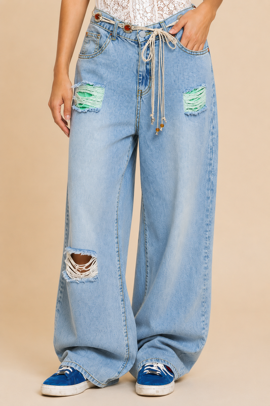 POL Clothing Wide Leg Soft Denim Jeans with Patching