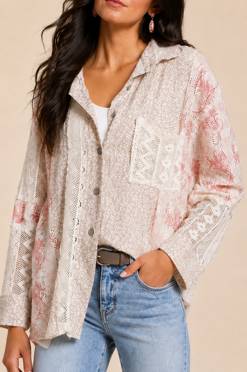 POL Clothing Floral Crochet Oversized Blouse