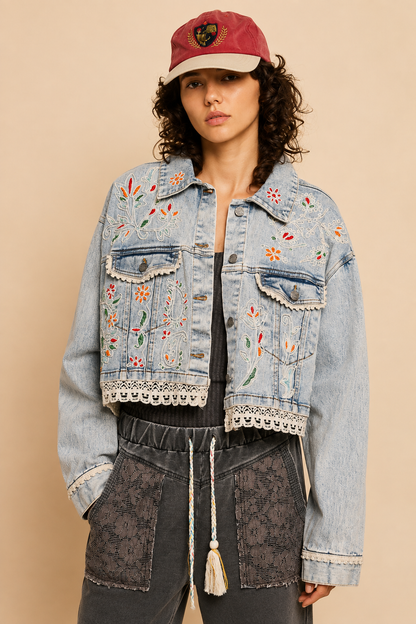 Pol Clothing Floral Embroidery Lace Trim Denim Jacket