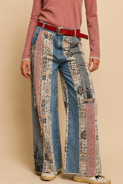 Pol Clothing Patchwork relaxed woven denim pant