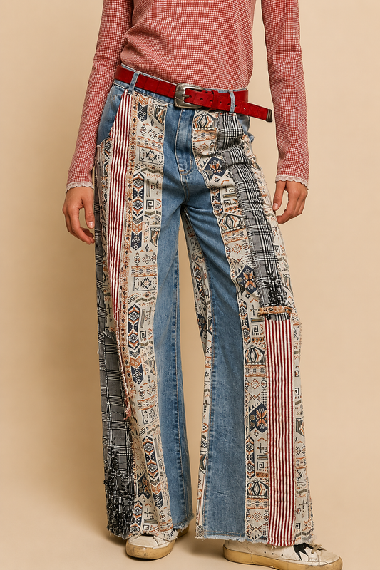 Pol Clothing Patchwork relaxed woven denim pant
